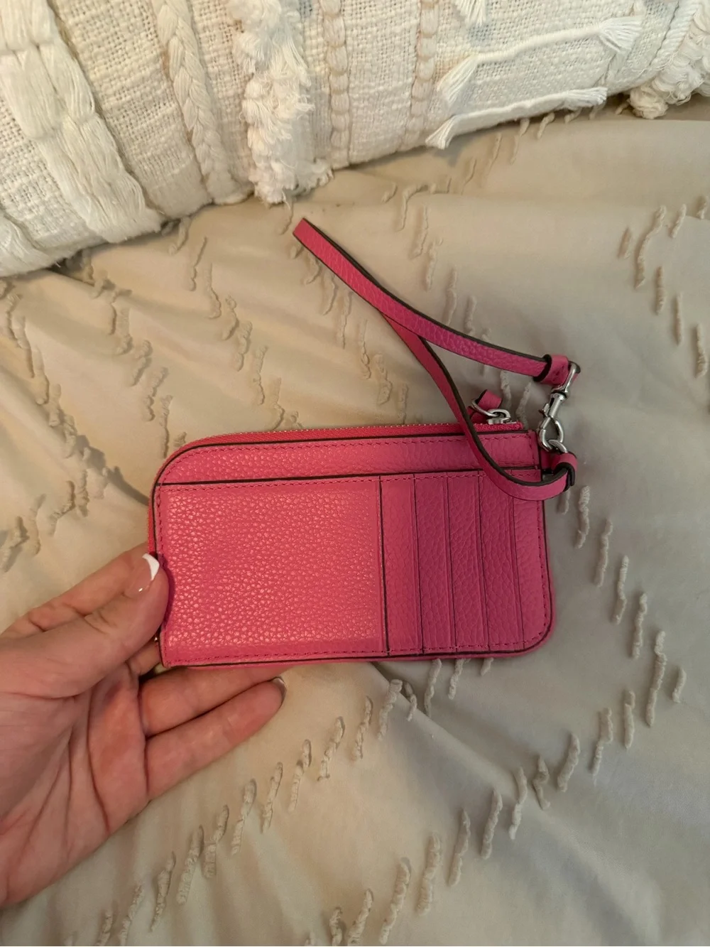 Tory Burch Hot Pink Pebbled Leather Wristlet with Logo